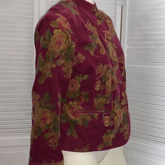 Liz Claiborne Wine Floral Corduroy Button Down Jacket Petite Large - Picture 8 of 14